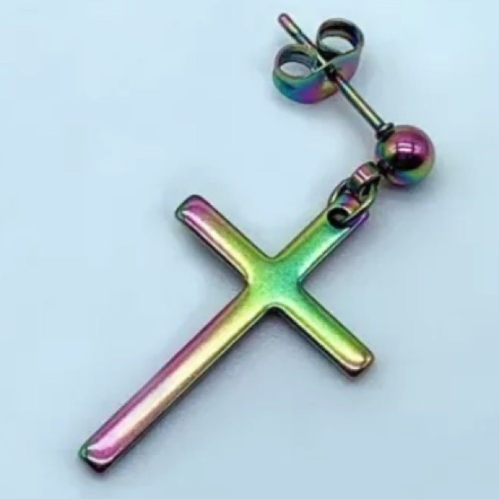 💜 UNiSEX 💚 Solid Stainless STEEL ✝️ no green! Dangle post CROSS Earrings